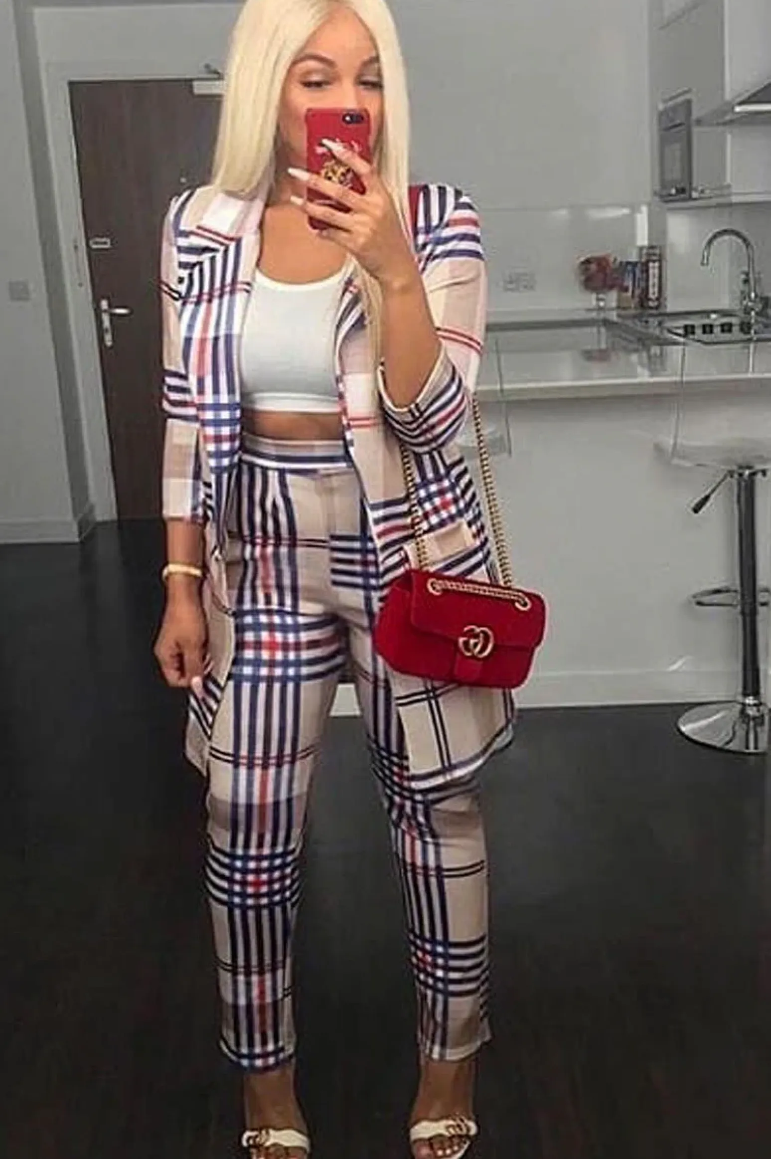 Rebellious Fashion Beige Check Long Line Blazer - Trudey