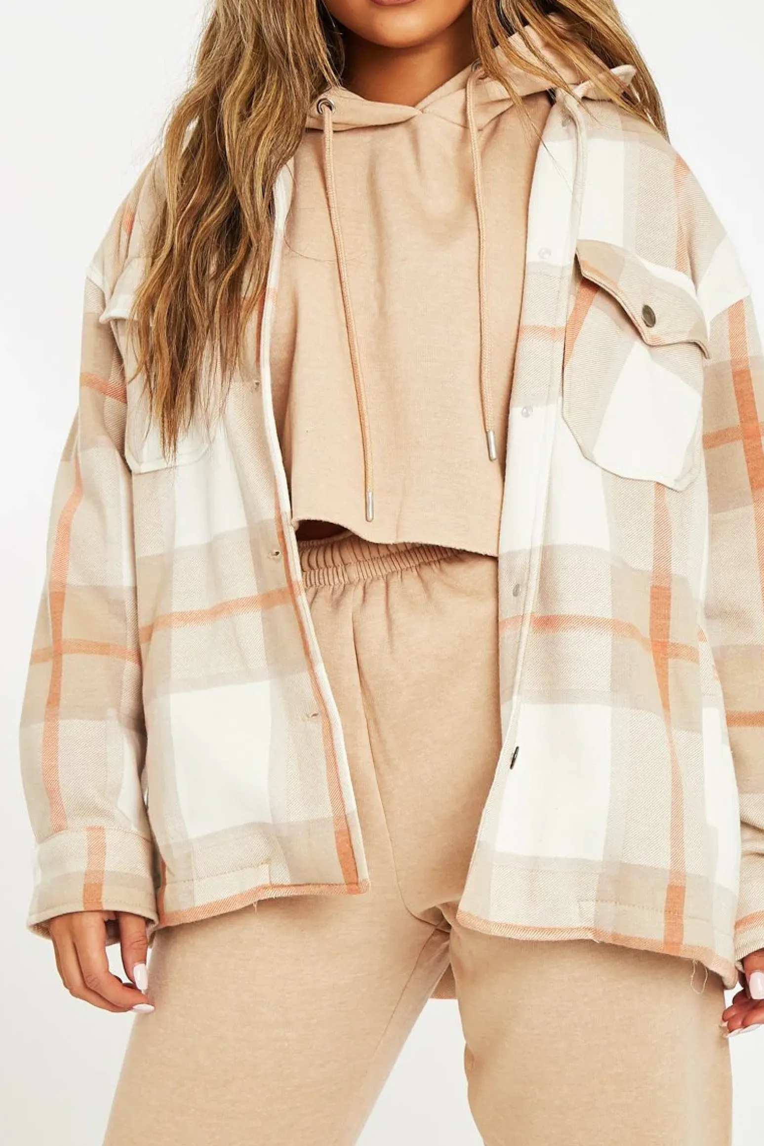Rebellious Fashion Beige Check Pocket Front Shacket - Misa