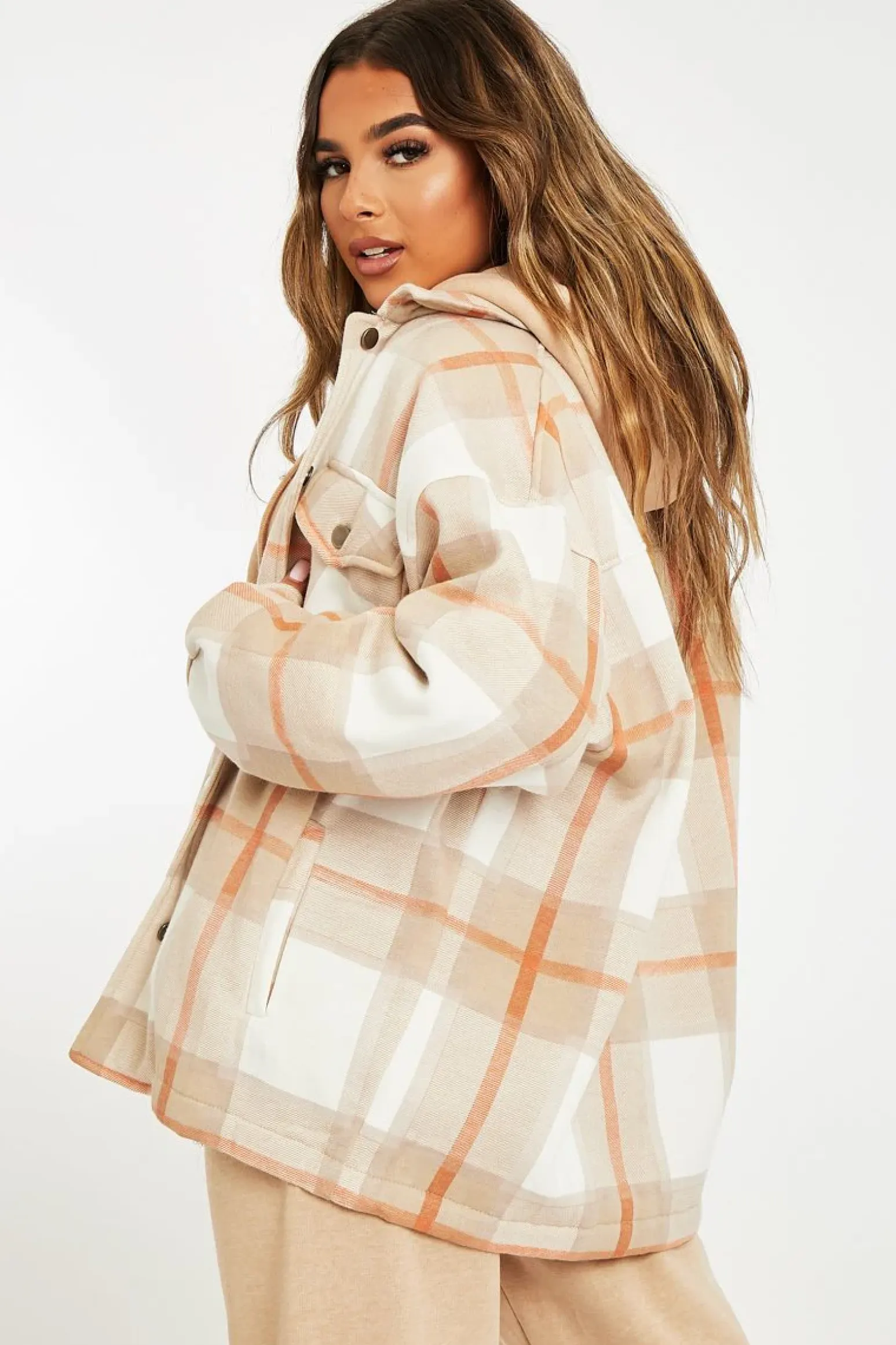 Rebellious Fashion Beige Check Pocket Front Shacket - Misa