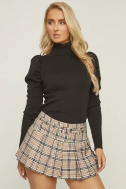 Rebellious Fashion Beige Check Print Belt Detail Pleated Mini Skirt - Esraa