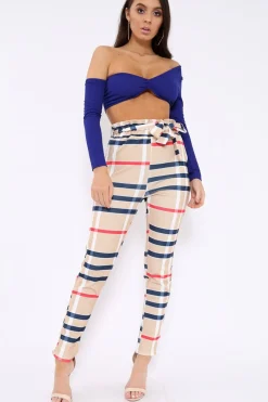 Rebellious Fashion Beige Check Print Paper Bag Tie Waist Tapered Trousers - Ashi