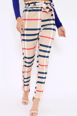Rebellious Fashion Beige Check Print Paper Bag Tie Waist Tapered Trousers - Ashi