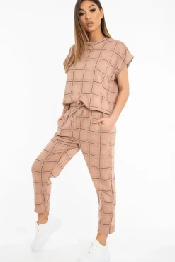 Rebellious Fashion Beige Check Short Sleeve Top and Jogger Set - Aimy