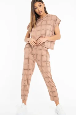 Rebellious Fashion Beige Check Short Sleeve Top and Jogger Set - Aimy