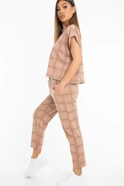 Rebellious Fashion Beige Check Short Sleeve Top and Jogger Set - Aimy