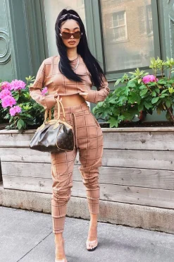 Rebellious Fashion Beige Check Short Sleeve Top and Jogger Set - Aimy
