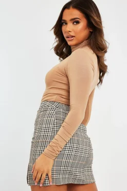 Rebellious Fashion Beige Check Side Split Mini Skirt - Clare