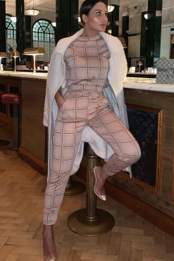 Rebellious Fashion Beige Check Sweatshirt Joggers Loungewear Set - Mica