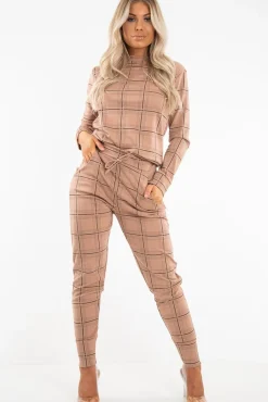 Rebellious Fashion Beige Check Sweatshirt Joggers Loungewear Set - Mica