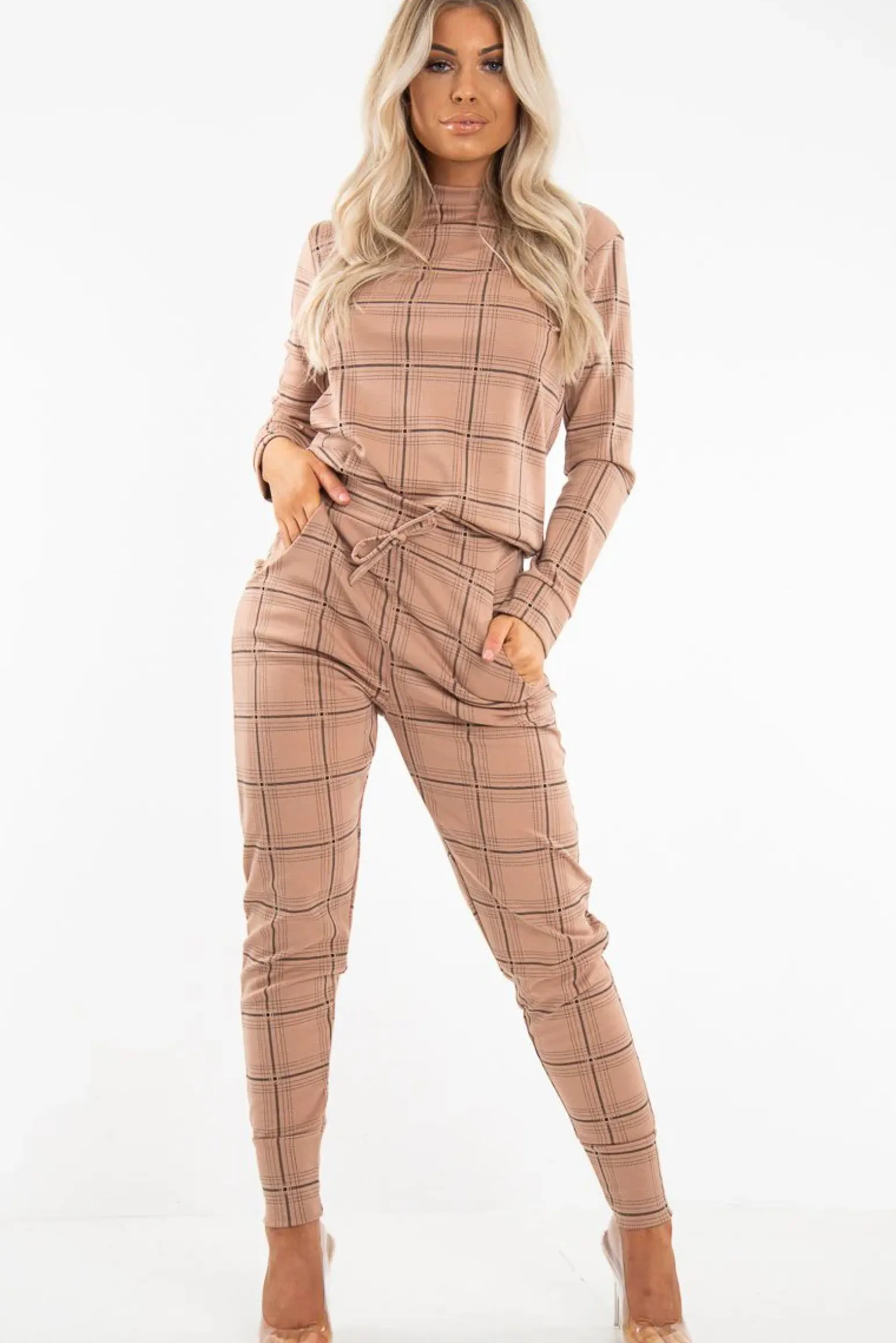 Rebellious Fashion Beige Check Sweatshirt Joggers Loungewear Set - Mica