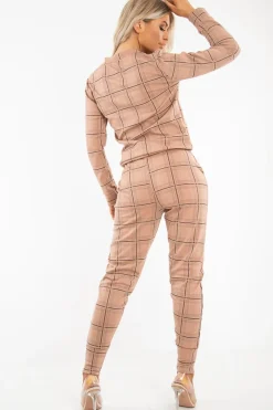 Rebellious Fashion Beige Check Sweatshirt Joggers Loungewear Set - Mica