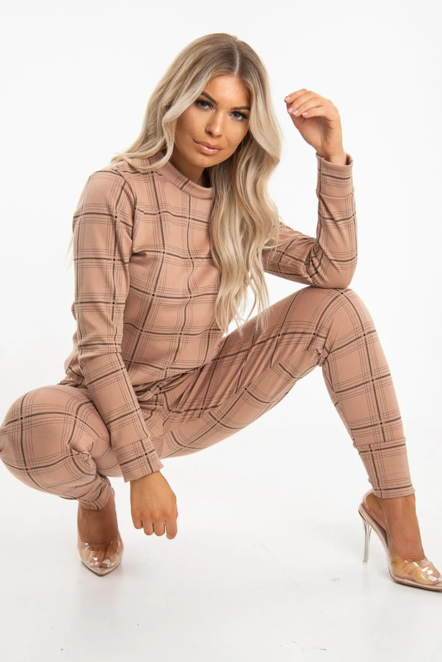 Rebellious Fashion Beige Check Sweatshirt Joggers Loungewear Set - Mica