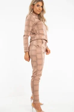 Rebellious Fashion Beige Check Sweatshirt Joggers Loungewear Set - Mica