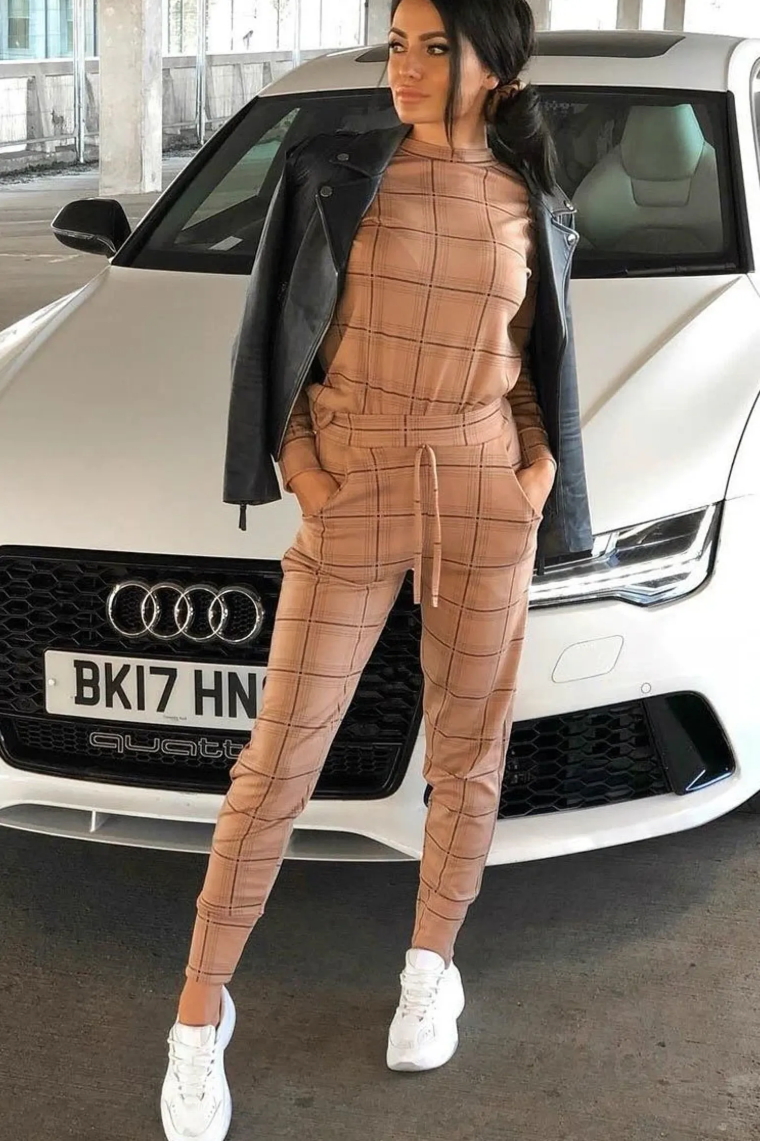 Rebellious Fashion Beige Check Sweatshirt Joggers Loungewear Set - Mica