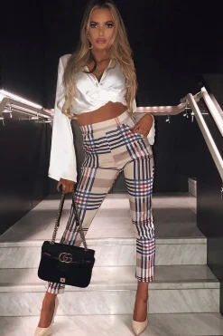 Rebellious Fashion Beige Check Tapered Trousers - Jasmyn
