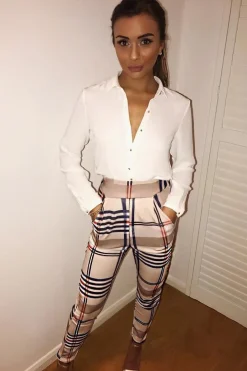 Rebellious Fashion Beige Check Tapered Trousers - Jasmyn