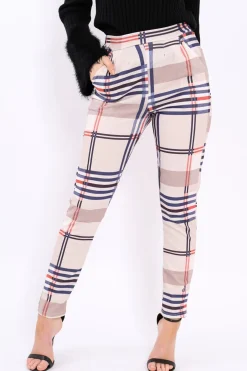 Rebellious Fashion Beige Check Tapered Trousers - Jasmyn