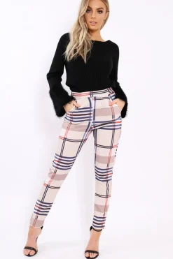 Rebellious Fashion Beige Check Tapered Trousers - Jasmyn