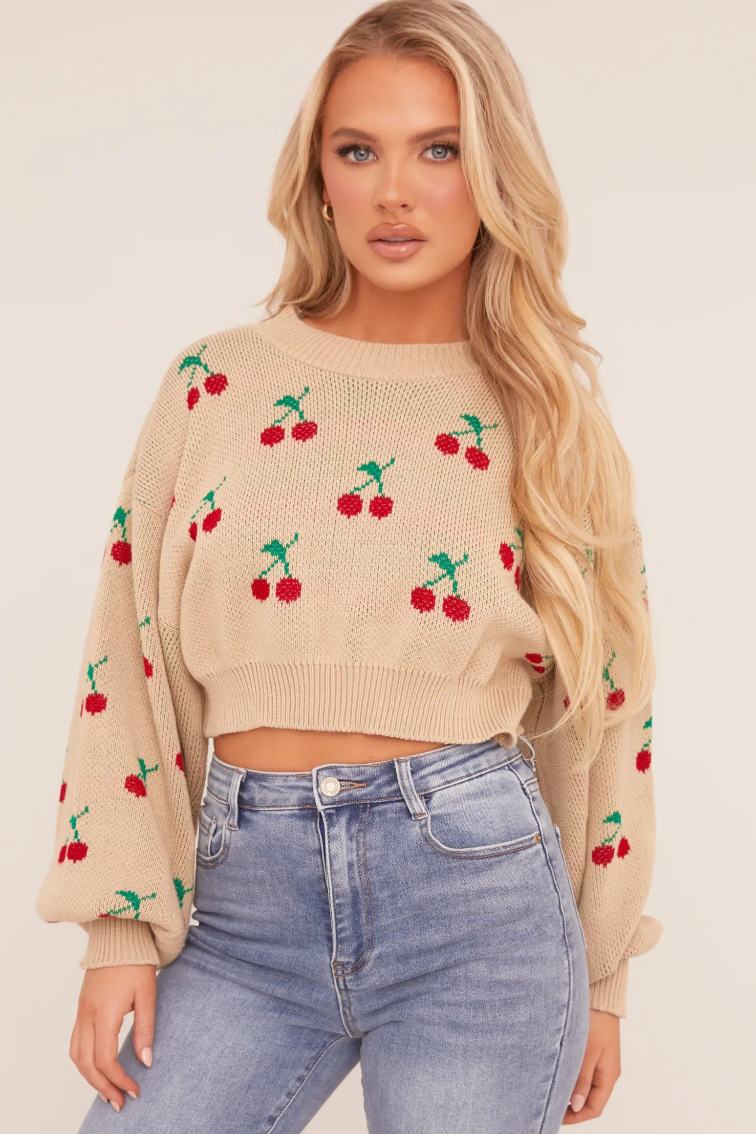 Rebellious Fashion Beige Cherry Print Cropped Jumper - Emaline