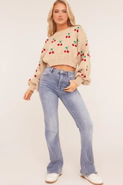 Rebellious Fashion Beige Cherry Print Cropped Jumper - Emaline