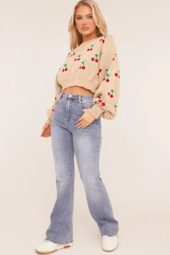 Rebellious Fashion Beige Cherry Print Cropped Jumper - Emaline