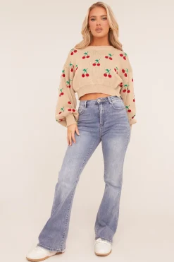 Rebellious Fashion Beige Cherry Print Cropped Jumper - Emaline