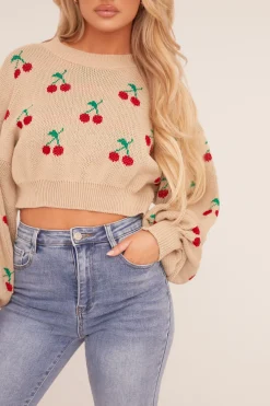 Rebellious Fashion Beige Cherry Print Cropped Jumper - Emaline