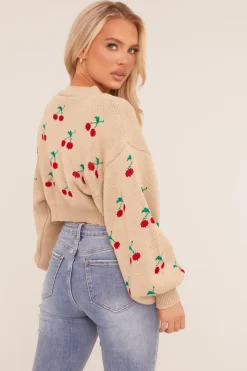 Rebellious Fashion Beige Cherry Print Cropped Jumper - Emaline