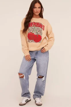 Rebellious Fashion Beige Cherry Print Oversized Sweatshirt - Kellin