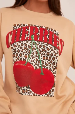 Rebellious Fashion Beige Cherry Print Oversized Sweatshirt - Kellin