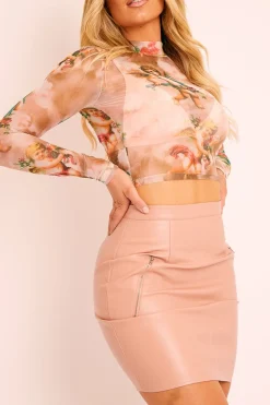 Rebellious Fashion Beige Cherub Print Mesh High Neck Crop Top - Lucie