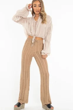 Rebellious Fashion Beige Chiffon Balloon Sleeve Crop Tie Front Blouse - Amelia