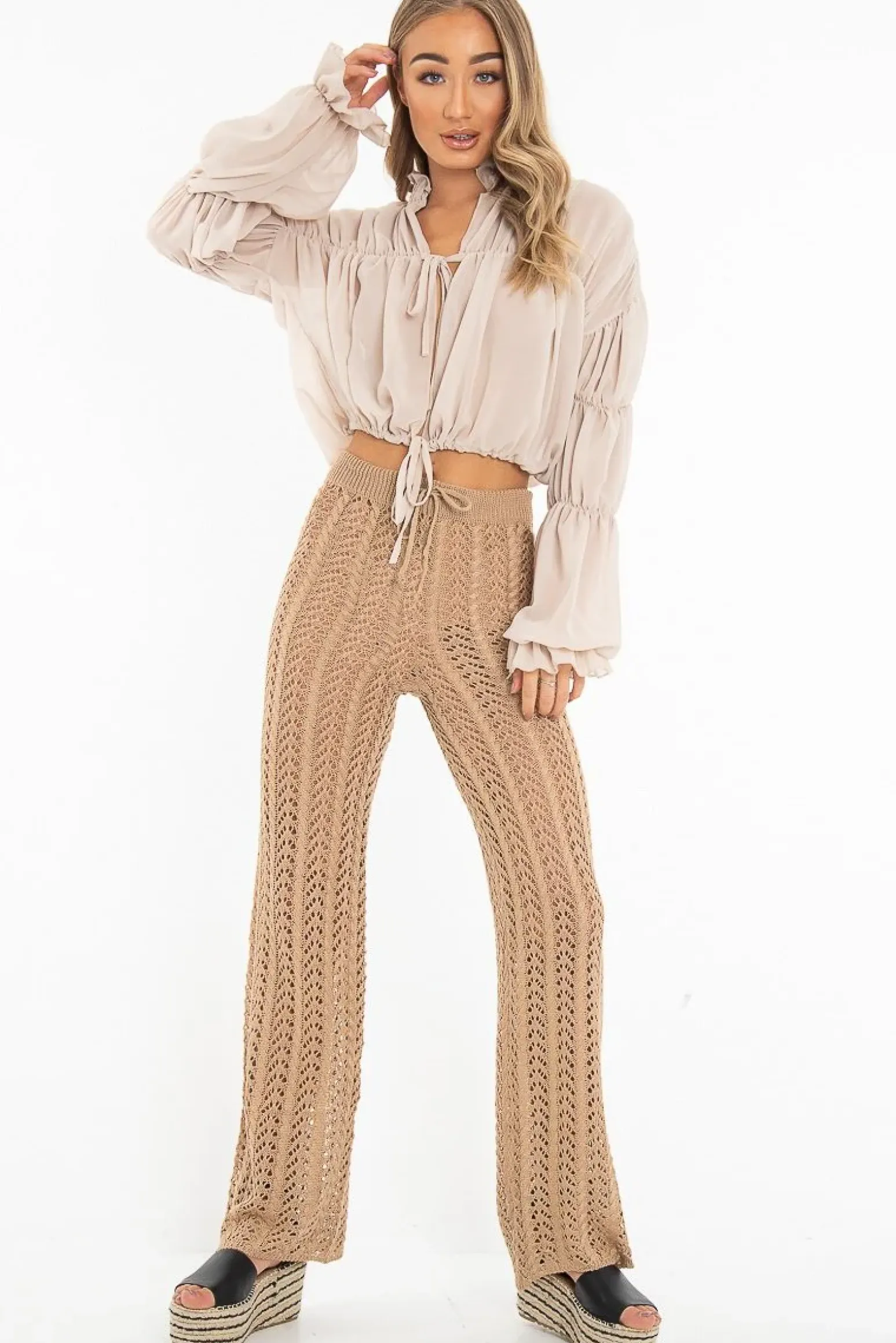 Rebellious Fashion Beige Chiffon Balloon Sleeve Crop Tie Front Blouse - Amelia