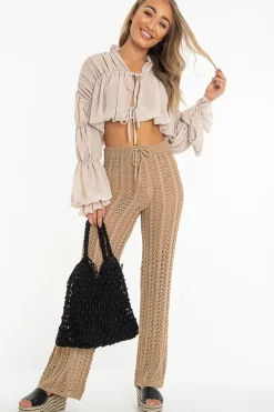 Rebellious Fashion Beige Chiffon Balloon Sleeve Crop Tie Front Blouse - Amelia