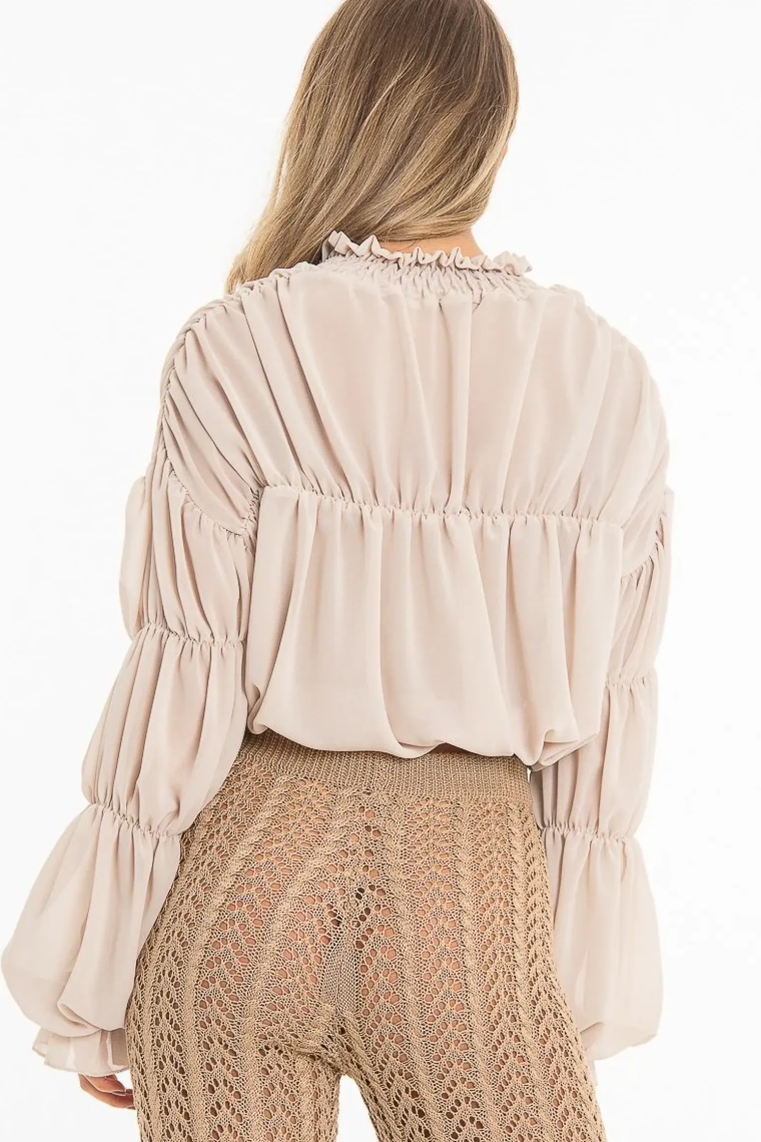 Rebellious Fashion Beige Chiffon Balloon Sleeve Crop Tie Front Blouse - Amelia
