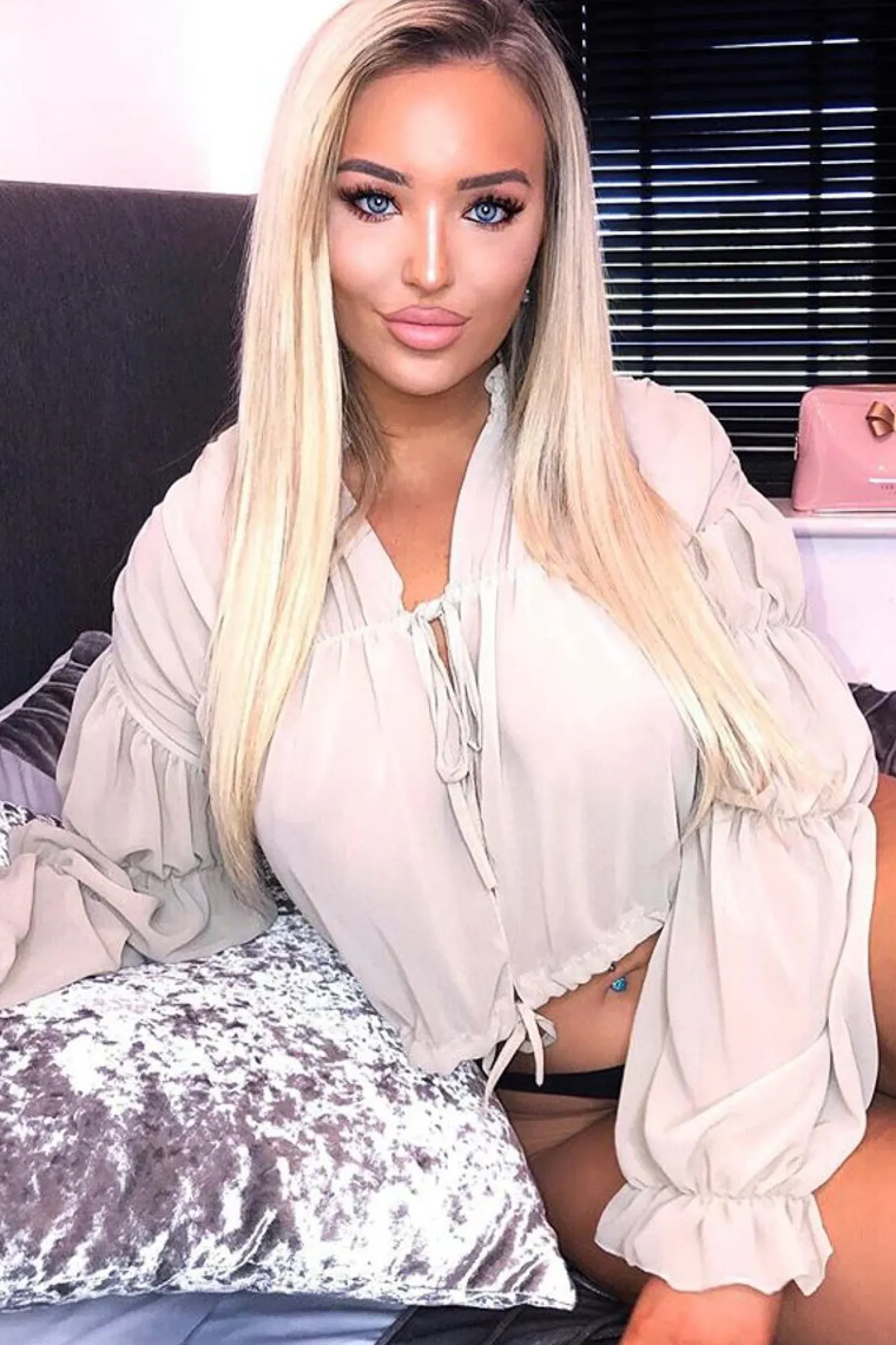 Rebellious Fashion Beige Chiffon Balloon Sleeve Crop Tie Front Blouse - Amelia