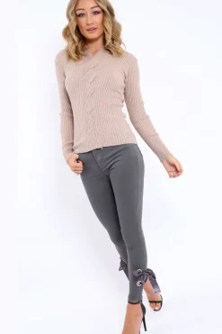 Rebellious Fashion Beige Choker Twist Knit Jumper - Maya