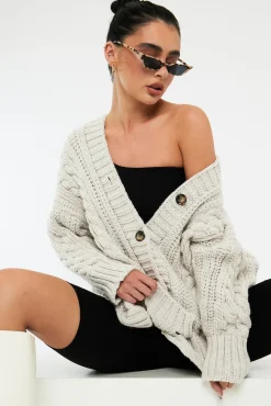Rebellious Fashion Beige Chunky Cable Knit Cardigan - Monira