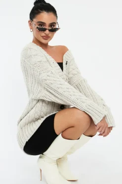 Rebellious Fashion Beige Chunky Cable Knit Cardigan - Monira