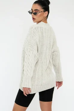 Rebellious Fashion Beige Chunky Cable Knit Cardigan - Monira