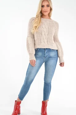 Rebellious Fashion Beige Chunky Knit Balloon Sleeve Jumper - Rielynn