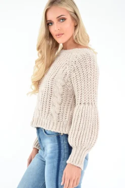 Rebellious Fashion Beige Chunky Knit Balloon Sleeve Jumper - Rielynn