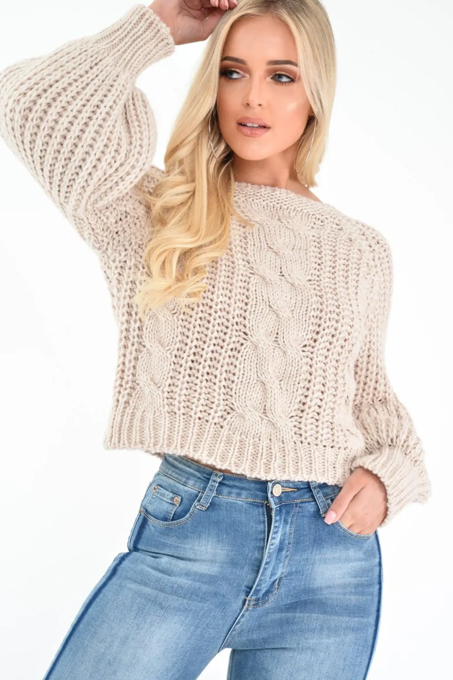 Rebellious Fashion Beige Chunky Knit Balloon Sleeve Jumper - Rielynn