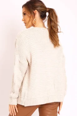 Rebellious Fashion Beige Chunky Knit Cable Pattern Cardigan - Luna