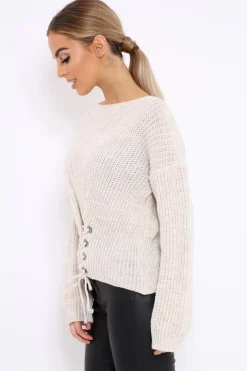 Rebellious Fashion Beige Chunky Knit Corset Waist Knitted Jumper - Mikayla