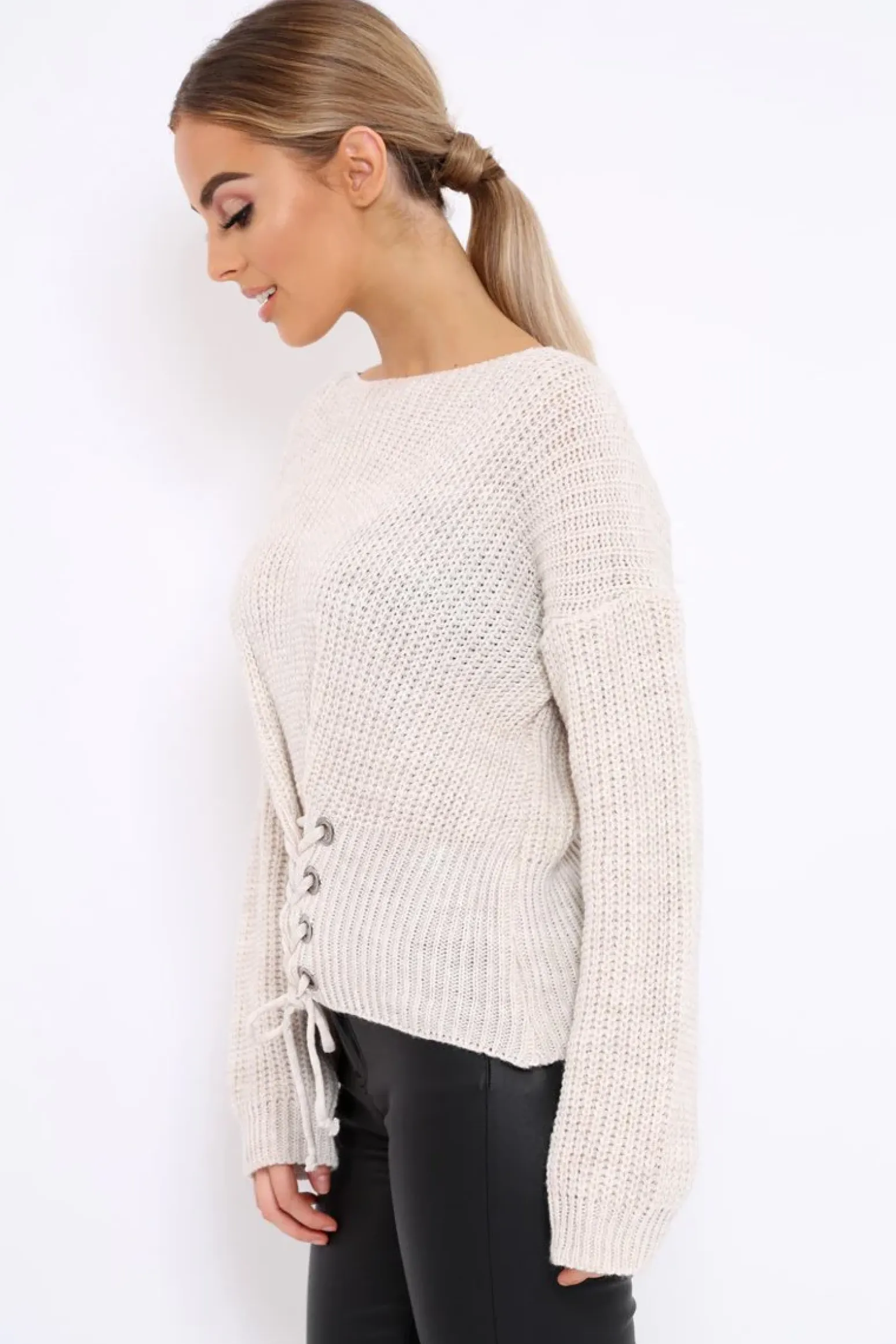 Rebellious Fashion Beige Chunky Knit Corset Waist Knitted Jumper - Mikayla