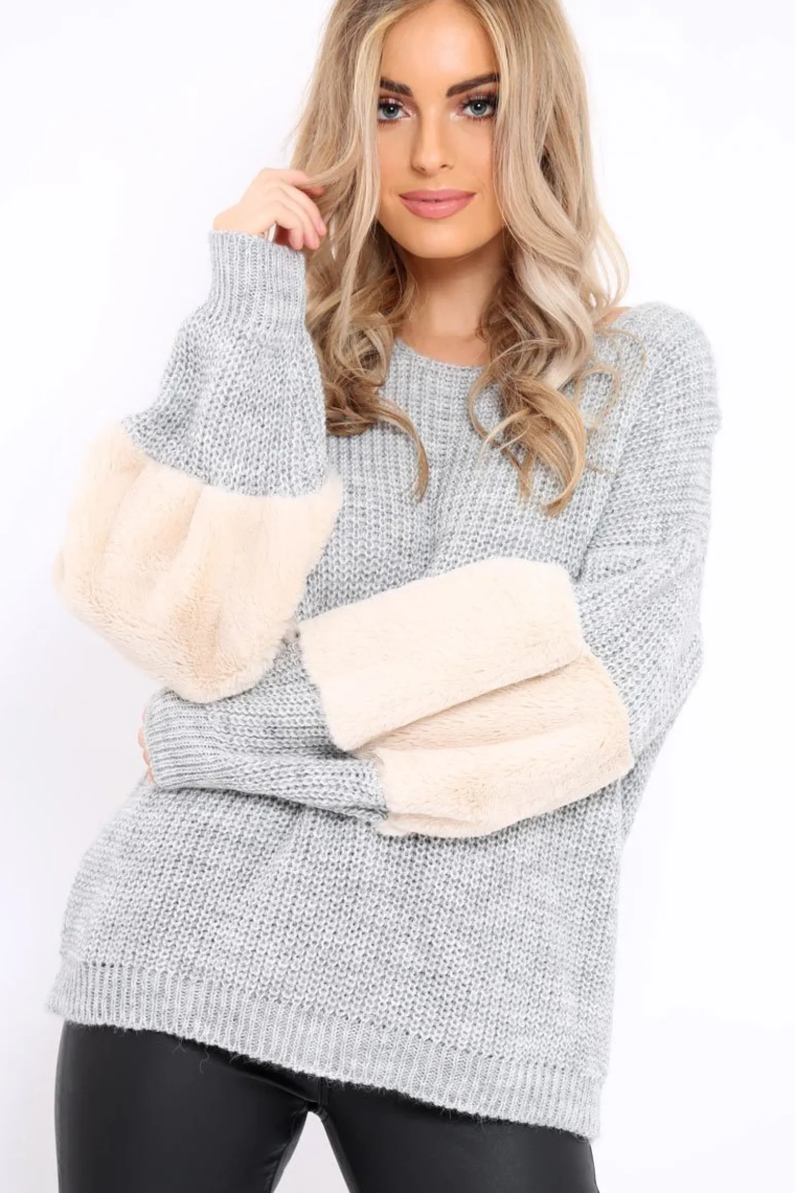 Rebellious Fashion Beige Chunky Knit Faux Fur Front Panel Jumper - Ophelia