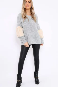 Rebellious Fashion Beige Chunky Knit Faux Fur Front Panel Jumper - Ophelia