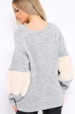Rebellious Fashion Beige Chunky Knit Faux Fur Front Panel Jumper - Ophelia