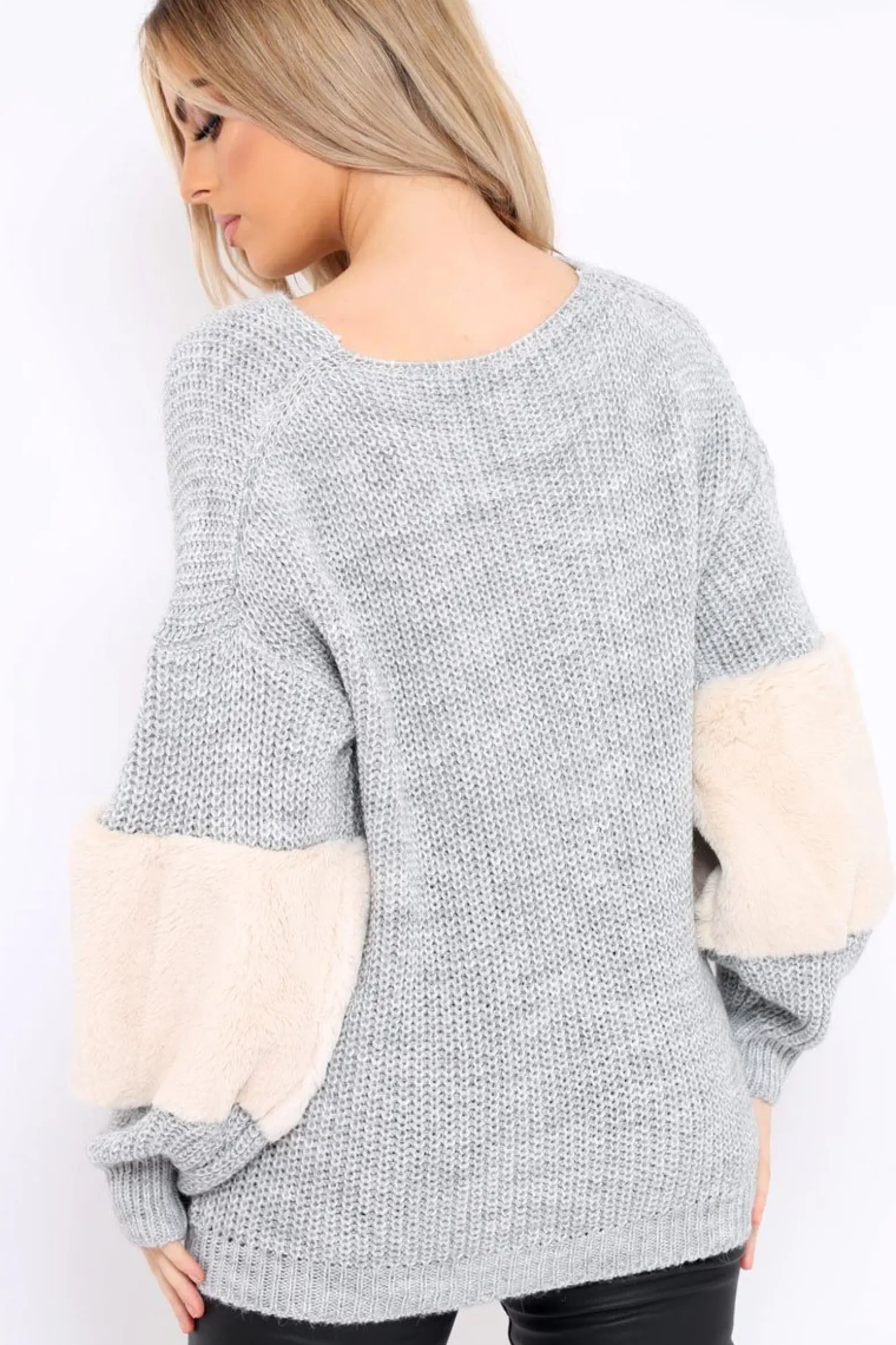 Rebellious Fashion Beige Chunky Knit Faux Fur Front Panel Jumper - Ophelia